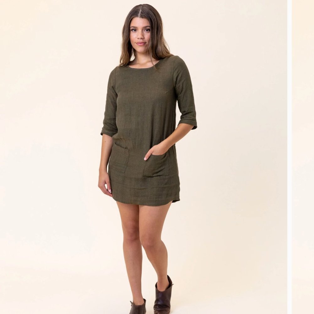 Pyne & Smith Model No.20 Linen Shift Dress, Dark Moss, size L